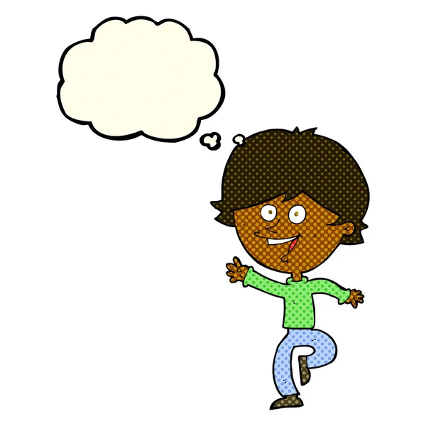 Desenho animado feliz acenando menino com bolha de pensamento —  Vetores de Stock