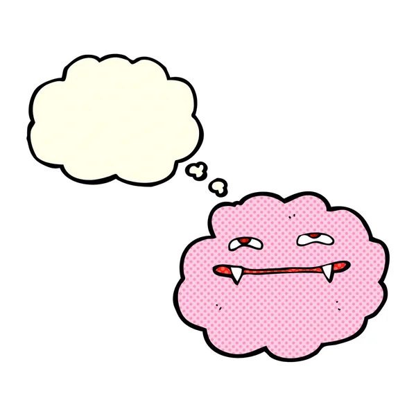 Nube de vampiro esponjoso rosa de dibujos animados con burbuja de pensamiento — Vector de stock