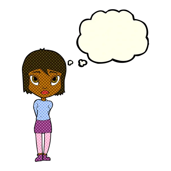 Cartoon verlegen meisje met gedachte zeepbel — Stockvector