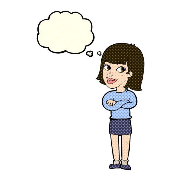 Cartoon glückliche Frau schaut mit Gedankenblase rüber — Stockvektor