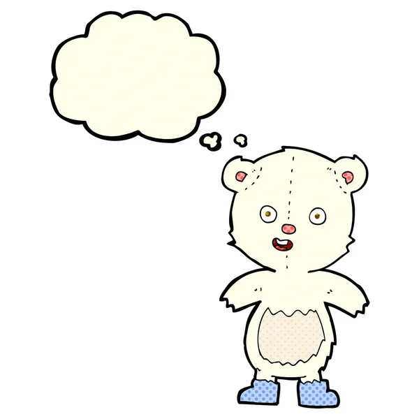 Cartoon glücklicher Teddybär in Stiefeln mit Gedankenblase — Stockvektor