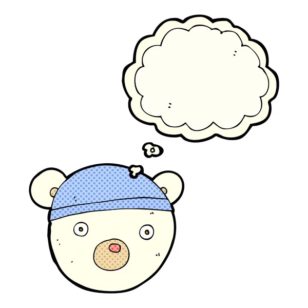 Cartoon polar bear cub wearing hat with thought bubble — Stock Vector