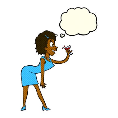 Düşünce baloncuğuyla içki içen çizgi film kadını.