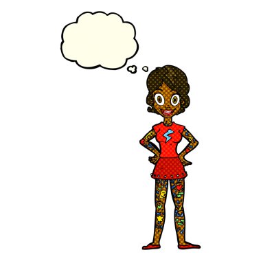 Düşünce baloncuklu ağır dövmeli çizgi film kadını.