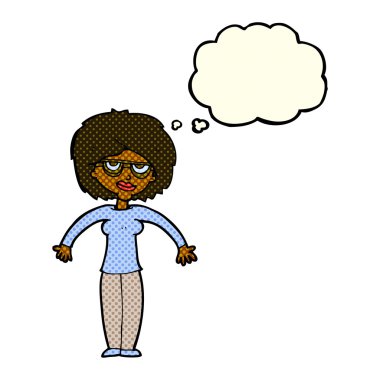 Çizgi filmdeki kadın düşünce balonuyla omuz silkiyor.