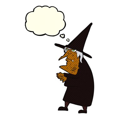 Düşünce baloncuğu olan çirkin yaşlı cadı çizgi filmi