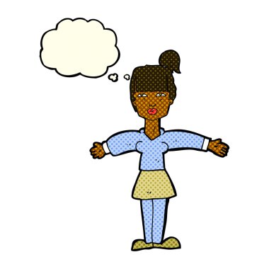 Çizgi filmdeki kadın düşünce balonuyla omuz silkiyor.