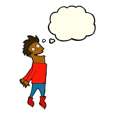 Çizgi film sırılsıklam olmuş adam düşünce balonuyla uçuyor.