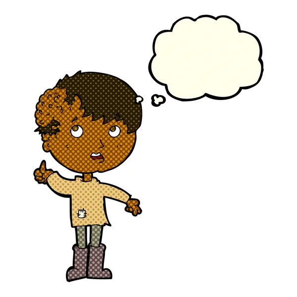 Dessin animé garçon avec croissance sur la tête avec bulle de pensée — Image vectorielle