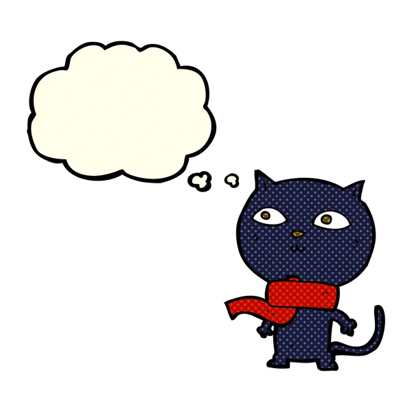 Мультяшний чорний кіт в шарфі з мисленням бульбашки — стоковий вектор