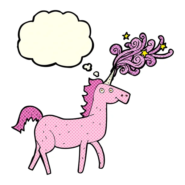 Cartoon magical unicorn with thought bubble — Stock Vector