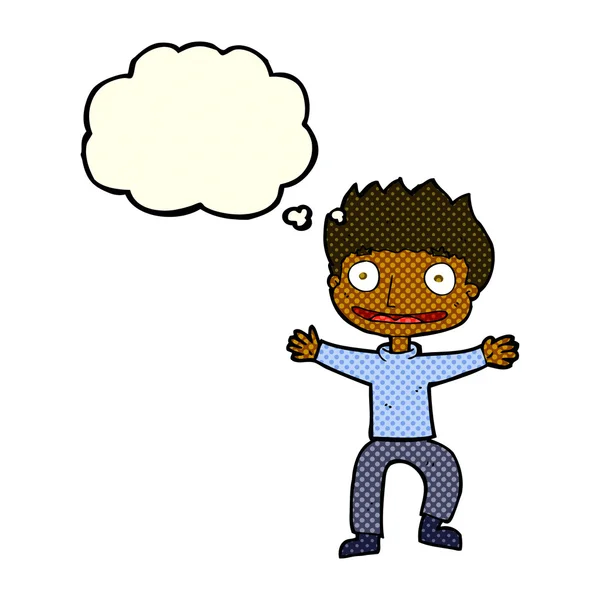 Karikatur grinsender Junge mit Gedankenblase — Stockvektor