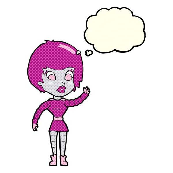 Cartone animato donna robot agitando con bolla di pensiero — Vettoriale Stock