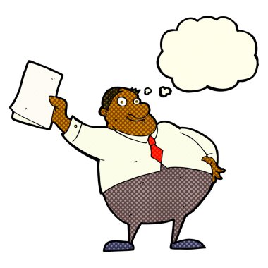 Çizgi film patronu düşünce balonuyla kağıtları sallıyor.