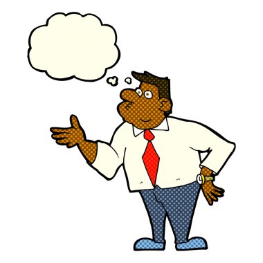 Çizgi film işadamı düşünce balonuyla soru soruyor