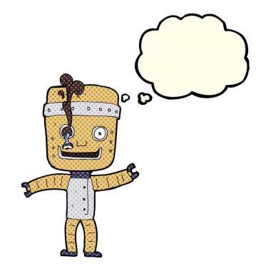 Düşünce baloncuklu komik yaşlı robot.
