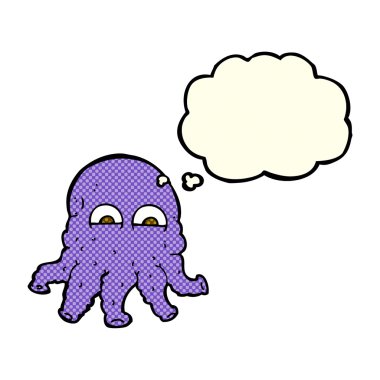 Düşünce baloncuklu uzaylı mürekkep balığı suratlı çizgi film