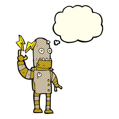 Düşünce baloncuklu yaşlı robot.
