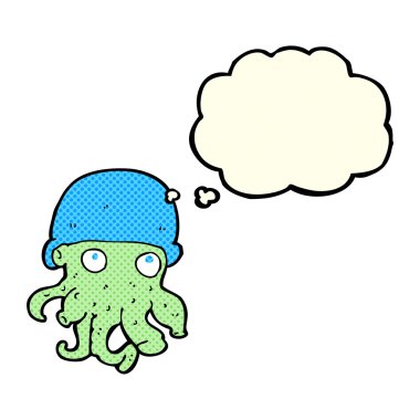 Düşünce baloncuklu şapka takan uzaylı kafası.