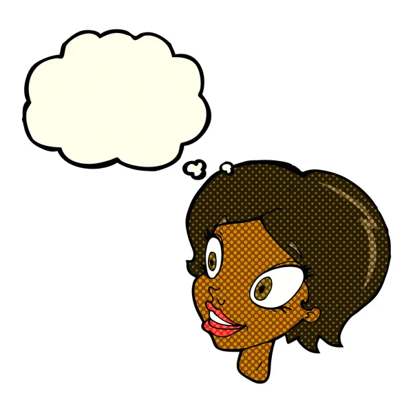 Karikatur hübsches weibliches Gesicht mit Gedankenblase — Stockvektor