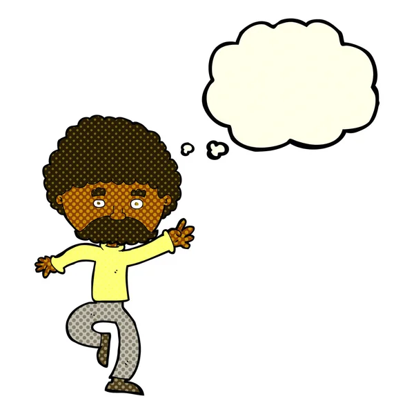Cartoon bigode homem disco dançando com bolha de pensamento — Vetor de Stock