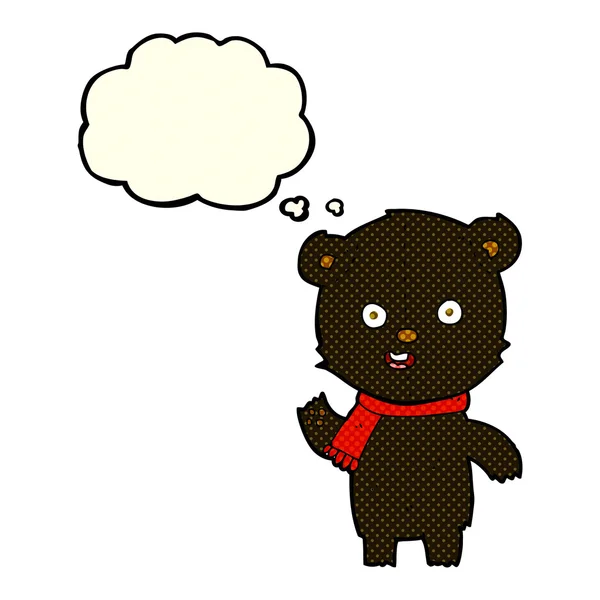 Desenho animado acenando filhote de urso preto com cachecol com bolha de pensamento —  Vetores de Stock