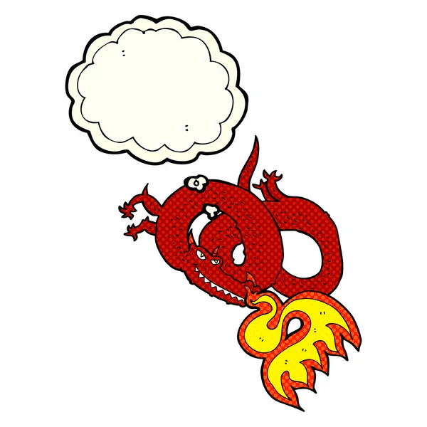 Dibujos animados dragón respiración fuego con burbuja de pensamiento — Archivo Imágenes Vectoriales