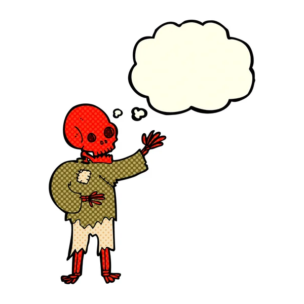 思考バブルで手を振る漫画の骨格 — ストックベクタ