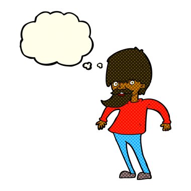 Çizgi film sakallı adam düşünce baloncuğuyla omuz silkiyor.