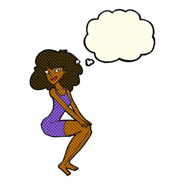 Düşünce baloncuklu bir kadın oturuyordu.