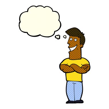 Düşünce baloncuğu ile sırıtan çizgi film adamı.