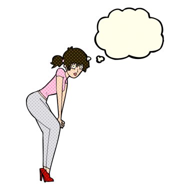 Düşünce baloncuğuyla poz veren çizgi film kadını