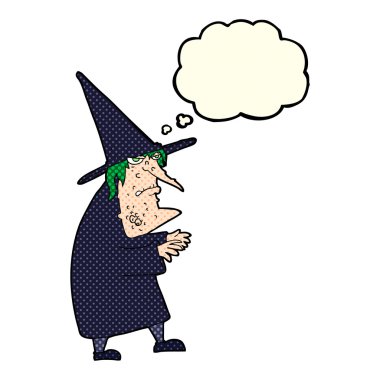 Düşünce baloncuğu olan çirkin yaşlı cadı çizgi filmi