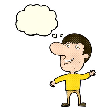 Düşünce baloncuğu sallayan çizgi film adamı