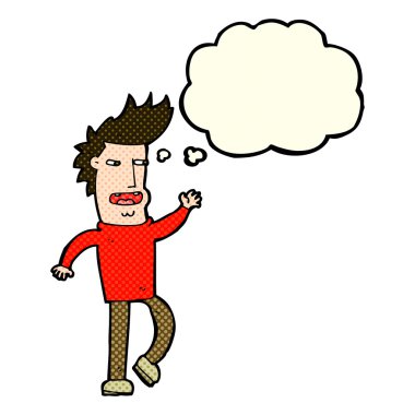 Düşünce baloncuğu olan çenesi düşük bir çizgi film kahramanı.