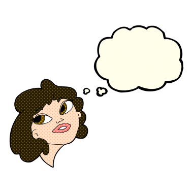 Düşünce baloncuğu olan mutlu çizgi film kadını