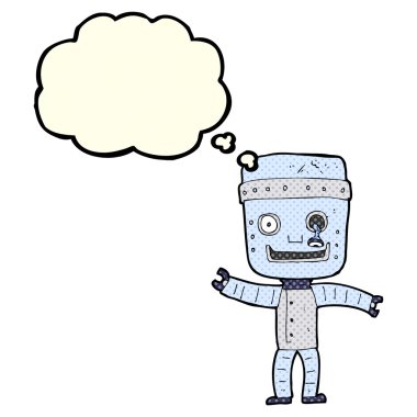 Düşünce baloncuklu komik yaşlı robot.