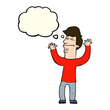 Düşünce baloncuklu sinirli bir adam.