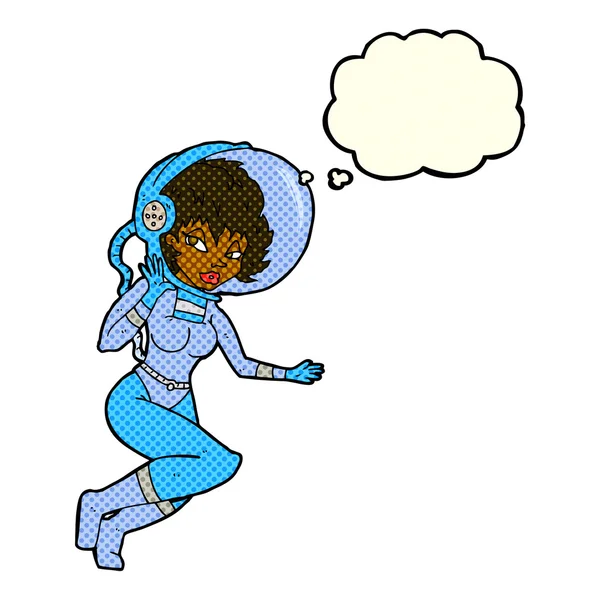 Cartoon space woman with thought bubble — Stock Vector
