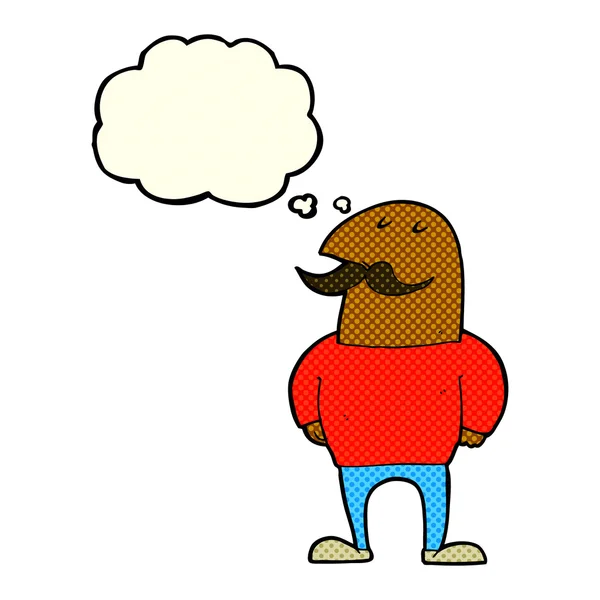 Desenho animado homem careca com bigode com bolha de pensamento — Vetor de Stock