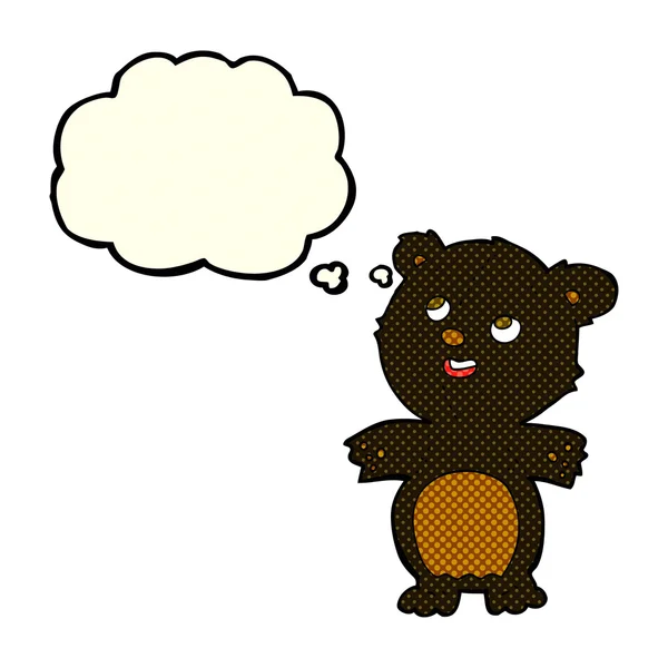 Desenho animado pequeno urso preto feliz com bolha de pensamento —  Vetores de Stock