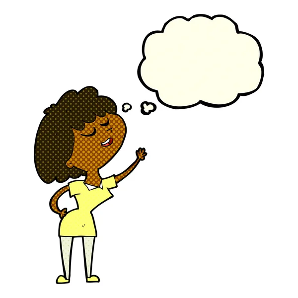 Dibujos animados mujer feliz a punto de hablar con burbuja de pensamiento — Archivo Imágenes Vectoriales