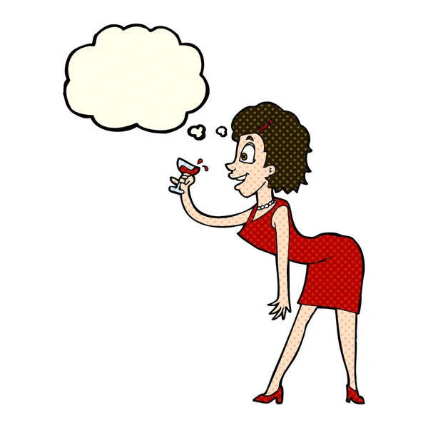 Tecknad kvinna med dryck med tanke bubbla — Stock vektor