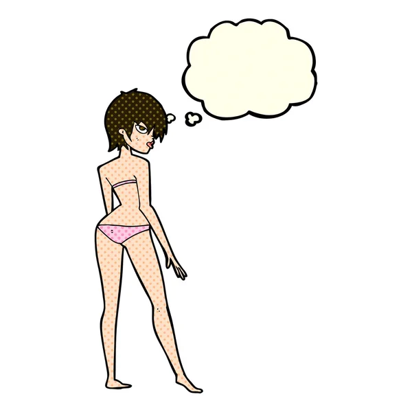 Femme dessin animé en bikini avec bulle de pensée — Image vectorielle