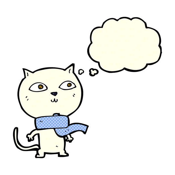 Мультфильм смешной кот носить шарф с мыслей пузырь — стоковый вектор
