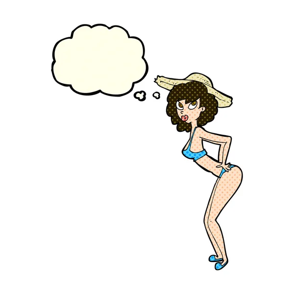 Dibujos animados pin-up chica de playa con burbuja de pensamiento — Vector de stock