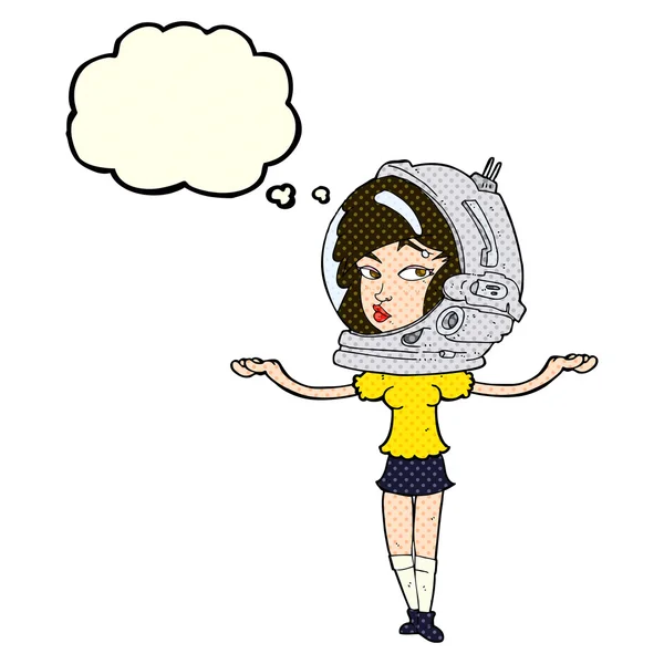 Femme dessin animé portant un casque spatial avec bulle de pensée — Image vectorielle