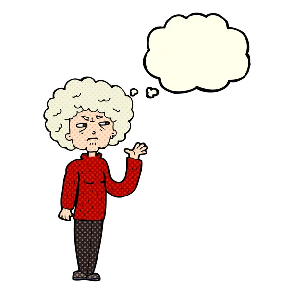 Cartoon annoyed old woman waving with thought bubble — Stock Vector