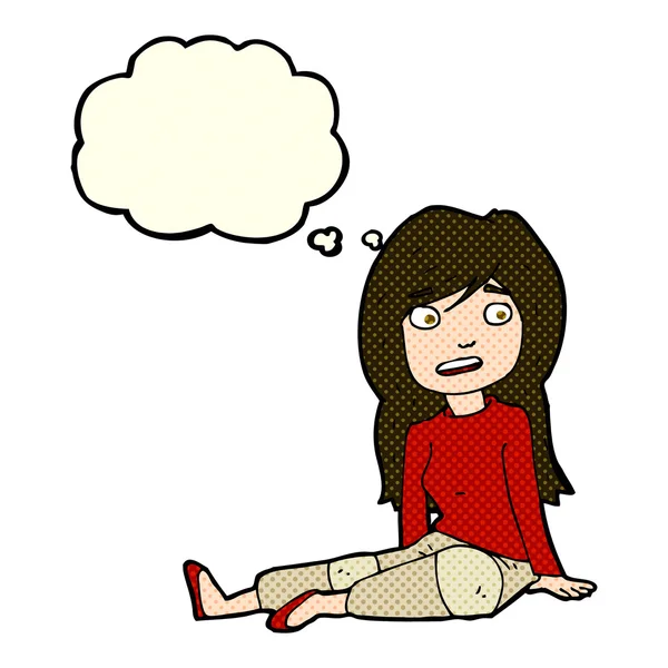 Chica de dibujos animados sentado en el suelo con burbuja de pensamiento — Vector de stock
