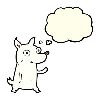 Düşünce baloncuğuyla el sallayan küçük köpek.